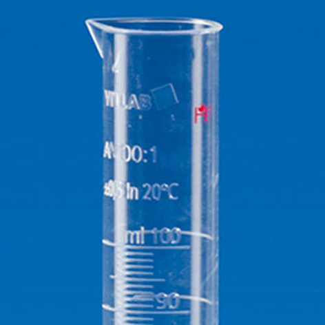 Glasklare Messzylinder, PMP-Kunststoff, Klasse A-KB, hohe Form, erhabene Skala von VITLAB, Laborbedarf, Laborglas, Volumen-Messtechnik